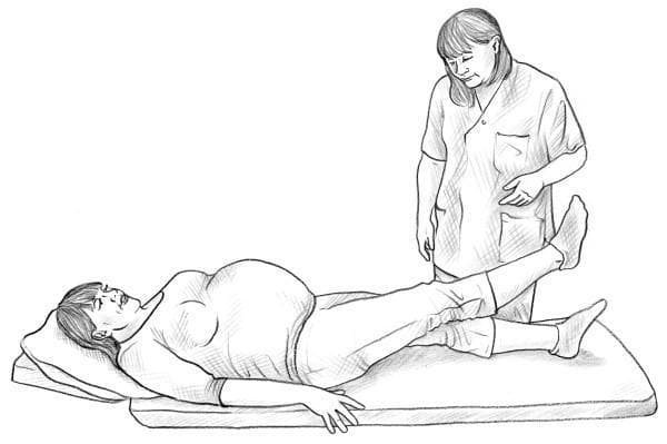 A clinical illustration demonstrating the Active Straight Leg Raise (ASLR) test, commonly used in the assessment of pelvic girdle pain (PGP) and functional pelvic stability, often in pregnant or postpartum patients. The diagram shows a pregnant female patient in a supine position on an examination table with her head supported by a pillow. She is performing an active lift of her right leg while keeping the knee in full extension, while the left leg remains resting on the surface. A medical professional in clinical scrubs stands at the bedside, observing the movement and assessing for difficulty, pain, or compensatory strategies. This procedural image highlights a key diagnostic maneuver used in musculoskeletal and obstetric physical examinations to evaluate the integrity of load transfer through the pelvis and the presence of pelvic floor or sacroiliac joint dysfunction.