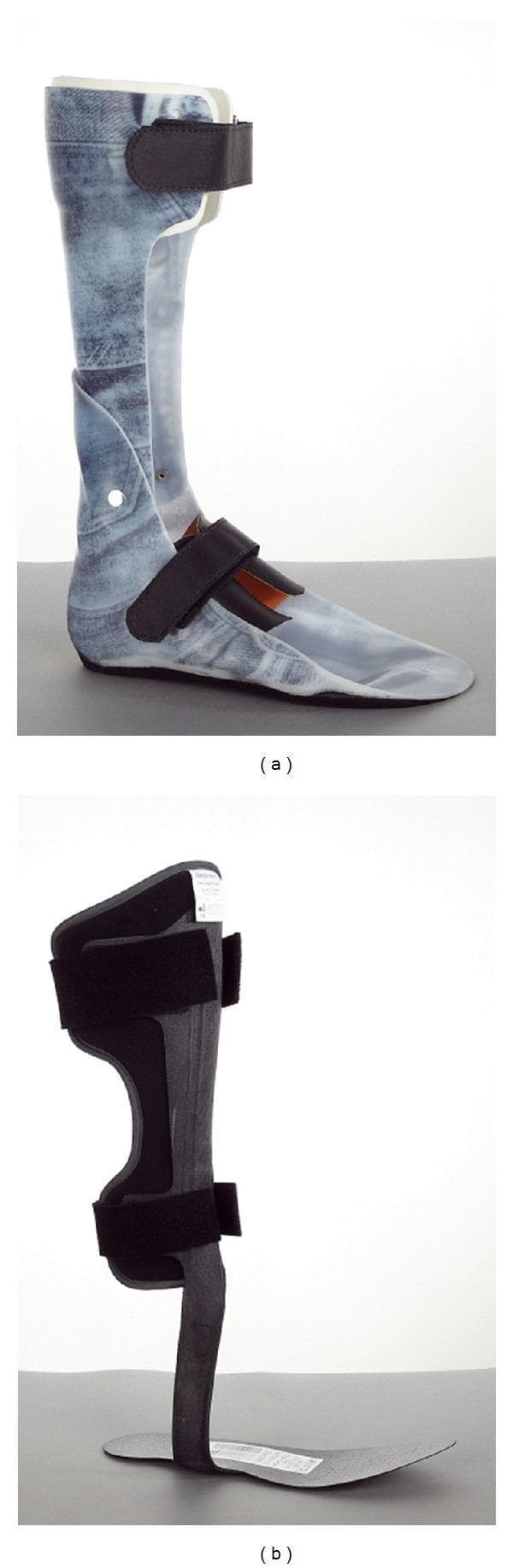 A comparative clinical photograph of two types of Ankle-Foot Orthoses (AFOs). Figure (a) illustrates a dynamic ankle-foot orthosis (DAFO), which is a custom-molded, articulated device made of polypropylene. It features a blue-patterned shell, a 90-degree plantar flexion stop hinge at the ankle, a full-length footplate, and two black hook-and-loop straps for stabilization at the tibia and midfoot. Figure (b) demonstrates a carbon composite AFO (C-AFO), exhibiting a more minimalist, anterior-shell design. It is constructed from lightweight black carbon composite materials with a thinner shank and a dynamic footplate designed for energy return. The C-AFO includes two broad black stabilization straps. These orthoses are used in physical medicine and rehabilitation to manage gait abnormalities, foot drop, and mediolateral ankle instability by providing structural support and facilitating functional mobility.