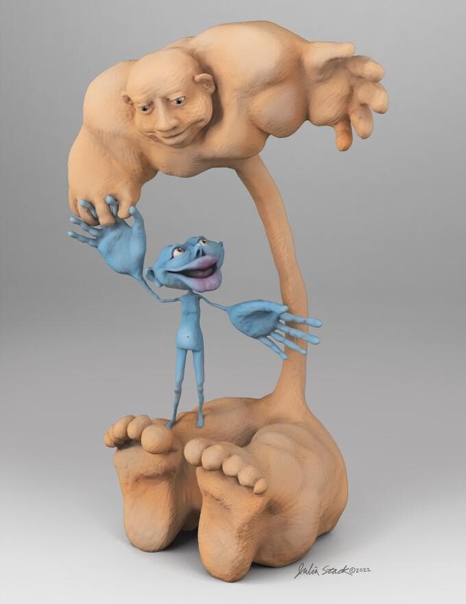 An anatomical illustration and 3D artistic model depicting a comparative visualization of the motor homunculus. The larger, flesh-colored figure represents the Upper Motor Neuron (UMN) homunculus, traditionally based on the cortical mapping of the primary motor cortex. It features massive hands, large feet, and prominent facial structures, illustrating the high density of cortical neurons dedicated to fine motor control in these regions. Juxtaposed to it is a smaller, blue-colored figure representing the Lower Motor Neuron (LMN) homunculus. The LMN homunculus is scaled relative to the UMN counterpart, with its bodily proportions determined by alpha motor neuron densities within the spinal cord and brainstem. This comparative diagram highlights the differences in somatotopic representation between the cerebral motor system and the final common pathway. The visual serves as a neuroanatomical educational tool to demonstrate how motor innervation complexity varies across different levels of the central nervous system, emphasizing the disproportionate neural representation of the hands and face in human motor control.
