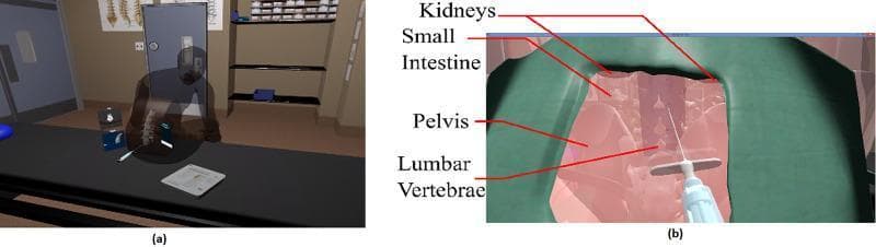 This composite image displays a virtual reality (VR) medical training environment designed for epidural anesthesia simulation. Panel (a) shows the overall virtual operating room setting, featuring a digital human patient model in a lateral decubitus 'C-shaped' position on a medical table. The background includes simulated clinical equipment like storage cabinets and a skeletal diagram. Panel (b) provides a detailed, close-up anatomical view using both solid and transparent rendering styles. In this view, a virtual Tuohy needle is positioned for insertion. The transparent rendering reveals underlying anatomical structures essential for the procedure, including the lumbar vertebrae (L1-L5), pelvis, kidneys, and small intestine. Labels identify these key landmarks to assist the learner in navigating the internal anatomy and identifying the correct site for lumbar puncture or epidural space entry, focusing on the loss of resistance (LOR) technique. This simulation illustrates the integration of computer-aided design (CAD) with haptic feedback systems for anesthesiology education.