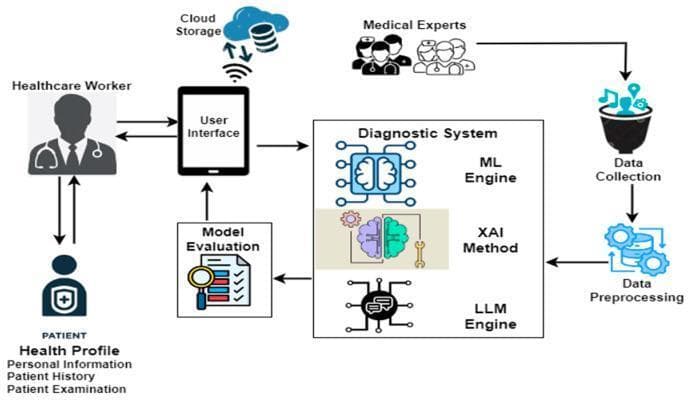 This medical flowchart illustrates a comprehensive digital framework for the diagnosis of malaria and typhoid fever, integrating clinician input with artificial intelligence. The workflow begins with a 'Healthcare Worker' interacting with a 'Patient' to establish a 'Health Profile' encompassing personal information, medical history, and physical examination data. This information is entered via a tablet-based 'User Interface,' which synchronized data with 'Cloud Storage' for retrieval and processing. Centrally, the 'Diagnostic System' processes the clinical data through three integrated computational layers: an Machine Learning (ML) Engine for predictive modeling, an eXplainable AI (XAI) Method to ensure diagnostic transparency, and a Large Language Model (LLM) Engine for natural language interpretation. The system is supported by a parallel pathway where 'Medical Experts' contribute to 'Data Collection' and 'Data Preprocessing' to refine the model's accuracy. A final 'Model Evaluation' phase feeds results back into the user interface, facilitating real-time clinical decision-making. The diagram emphasizes the transition from traditional bedside examination to AI-assisted tropical disease management.