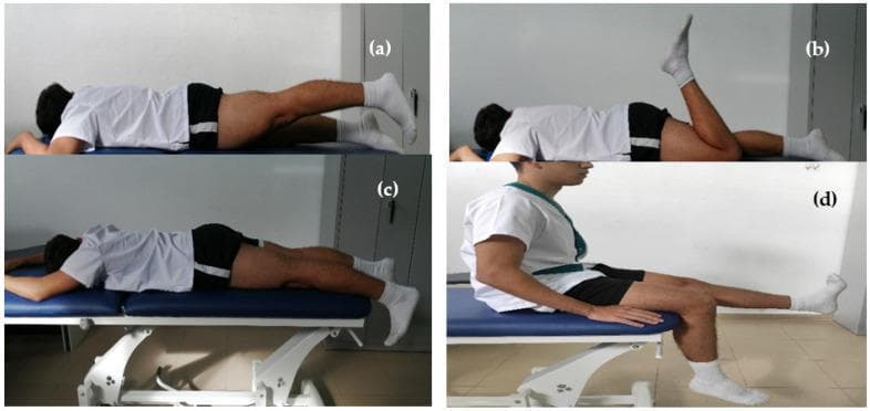 This clinical photograph displays a four-part series (a-d) of musculoskeletal exercises used in a physical therapy pre-activity routine for hamstring and sciatic nerve mobilization. The first three panels (a, b, c) show a subject in a prone position on a treatment table. Panel (a) demonstrates an isometric leg extension with the limb elevated. Panel (b) illustrates active mobilization via knee flexion and extension. Panel (c) depicts a neurodynamic tensioning technique involving ankle dorsiflexion in the prone position to target neural mechanosensitivity. Panel (d) shows the subject in a seated position performing a neurodynamic slider technique, characterized by active knee extension combined with ankle dorsiflexion. These exercises are designed for sports medicine applications to increase joint range of motion (RoM), reduce muscle injuries, and manage mechanosensitivity of the sciatic nerve. The imagery serves as an educational guide for clinicians and students focusing on orthopedic rehabilitation and neurodynamics.