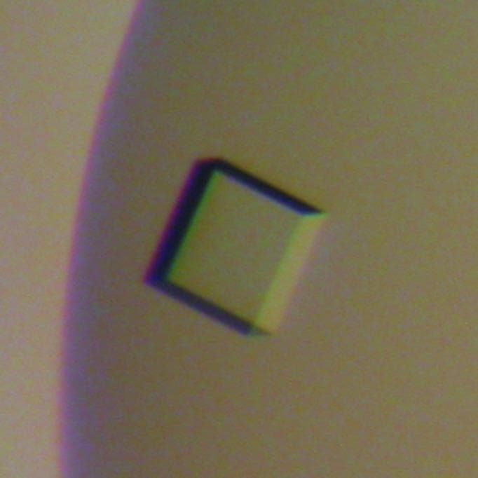 This diagnostic micrograph displays a protein crystal of Leishmania donovani pteridine reductase 1 (LdPTR1), a key enzyme in the parasite's folate metabolism. The visual demonstrates a single, well-defined orthorhombic plate crystal with approximate dimensions of 0.1 x 0.1 x 0.03 mm. The crystal is translucent with a smooth, planar surface and sharp geometric edges, though slight chromatic aberration is visible at the margins due to light refraction. This specimen was grown using the sitting-drop vapor diffusion method in a solution containing cofactor NADP+ and the inhibitor methotrexate. Such crystals are essential in structural biology and pharmacology for X-ray diffraction studies to determine the 3D molecular structure of protein targets, which is a critical step in rational drug design against visceral leishmaniasis. The image highlights the morphological characteristics required for successful crystallographic data collection in biomedical research.