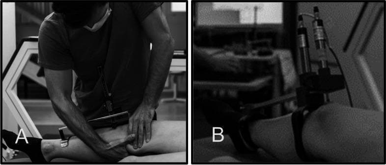 Two grayscale clinical photographs demonstrating instruments used for measuring anterior tibial translation (ATT) during the Lachman test, an orthopedic physical examination for anterior cruciate ligament (ACL) integrity.