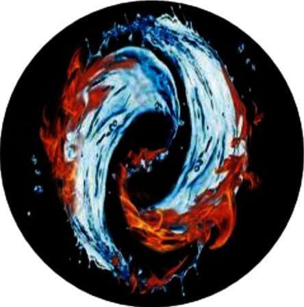 This medical illustration represents the concept of 'intermixed rooting of yin and yang' within the context of Traditional Chinese Medicine (TCM) philosophy applied to oncology. The diagram features two swirling, interconnected elements forming a circular Taiji-style composition against a black background. One element is depicted as flowing blue and white water, symbolizing 'Yin,' while the opposing element is shown as red and orange flames, symbolizing 'Yang.' The fluid and flickering textures illustrate a dynamic, cyclical relationship where the elements merge and interact at their boundaries. In a clinical context, this visual serves as a conceptual model for the balance between chemotherapeutic efficacy and toxicity, or the synergistic interaction between conventional oncology treatments (e.g., chemotherapy for NSCLC) and natural medicines like the Shenyi capsule. It illustrates the pharmacological principles of 'attenuation, sensitization, and synergistic effects' through the framework of maintaining homeostatic balance between opposing biological forces.