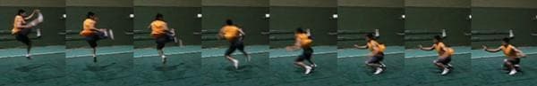 A sequence of nine clinical photographs illustrating the biomechanical phases of a non-contact anterior cruciate ligament (ACL) injury during athletic activity. The progression captures a subject transitioning from high-velocity running and jumping into a rapid deceleration and landing phase. Key visual features include an initial flight phase with hip and knee flexion, followed by a single-leg landing and immediate transition into a deep crouched (squat) position. The images highlight critical high-risk kinematics: sudden deceleration, a shift in the center of gravity as the trunk leans forward, and stabilization maneuvers where the arms extend to maintain balance. This series demonstrates the common injury mechanism involving landing and rapid change of direction, emphasizing the postural instability and explosive forces (anterior tibial translation and rotational loads) that contribute to ACL rupture. The content is suitable for orthopedic education, sports medicine analysis, and physiotherapy training regarding injury prevention and mechanisms.