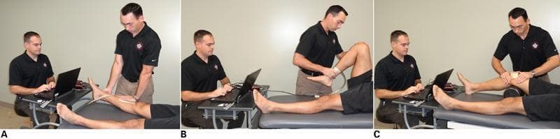 A series of clinical procedural photographs (A, B, C) demonstrating different manual physical therapy mobilization techniques for the knee joint, integrated with a biomechanical data capture system. In all images, a therapist performs a technique on a patient lying supine on a treatment table, while a researcher records data using a laptop-connected multi-channel analyzer.
Panel A shows a physiological tibiofemoral extension technique, where the therapist's mobilizing hand is positioned on the anterior proximal tibia and the stabilizing hand on the posterior calcaneus. Panel B illustrates a physiological tibiofemoral flexion technique, with the mobilizing hand on the anterior distal tibia and the stabilizing hand at the knee. Panel C depicts a medial patellofemoral accessory glide technique, with hands positioned on the proximal tibia and distal femur to apply force to the lateral patella.
Crucial to the educational focus is the use of a thin, flexible capacitance-based pressure sensing mat placed between the therapist’s hand and the patient’s skin to measure mobilization force, dosage, and oscillation frequency. This setup demonstrates the quantification of manual therapy grades (e.g., Maitland grades III and IV) for clinical research and educational validation.