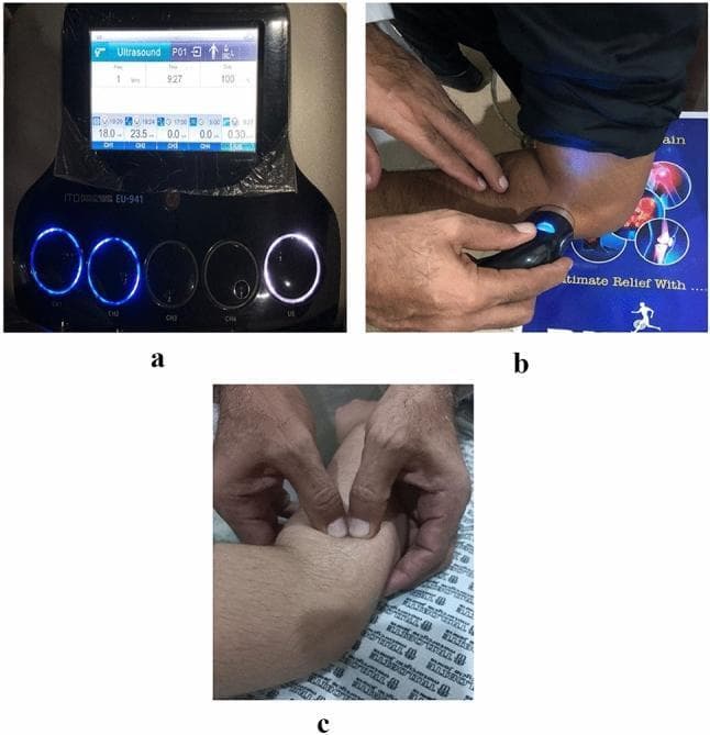 A composite of three panels (a, b, c) illustrating the conservative management of lateral epicondylitis (tennis elbow) through therapeutic ultrasound and manual therapy. Panel (a) shows the digital interface of an ITO-EU 941 ultrasonic therapy device, displaying parameters including a frequency of 1 MHz and 100% duty cycle, with the 'US' operation button illuminated. Panel (b) depicts the clinical application of ultrasound where a therapist holds a round applicator head against the patient's lateral elbow, targeting the common extensor tendon. Panel (c) demonstrates deep tissue friction massage, with the therapist utilizing thumb pads to apply localized, transverse pressure to the lateral humeral epicondyle area. The images collectively showcase the combination of electrophysical modalities and manual soft tissue mobilization used in physical therapy to reduce pain and promote tendon healing in musculoskeletal conditions.