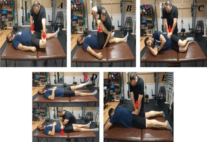 A composite of clinical photographs demonstrating five provocative physical examination maneuvers used to diagnose sacroiliac joint (SIJ) pain and dysfunction. (A) Patrick’s FABER test: patient supine with hip flexed, abducted, and externally rotated; examiner applies downward pressure on the knee and opposite iliac crest. (B) Posterior shear (Thigh Thrust) test: patient supine with hip flexed to 90 degrees; examiner applies vertical downward pressure through the femur. (C) Sacral compression test: patient side-lying; examiner applies downward force on the superior iliac crest. (D) Active Straight Leg Raise (SLR) test shown in two phases: patient performing an active leg lift followed by the examiner applying stabilizing sacral pressure. (E) Sacral thrust test: patient prone; examiner applies a vigorous downward pressure over the sacrum. Red arrows indicate the direction of force applied by the examiner. These tests are clinical tools in orthopedics and physical therapy to assess SIJ provocation and stability.
