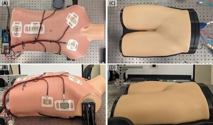 Educational photographs of test platforms for evaluating ultrasound probe adapters and robotic automation in emergency medicine. Figures A and B show a clinical torso mannequin configured for the Extended Focused Assessment with Sonography for Trauma (eFAST) exam. The mannequin is equipped with integrated force-sensing resistors, indicated by white rectangular patches with red wiring, strategically positioned at standardized eFAST scan points (e.g., pericardial, perihepatic, perisplenic, and pelvic views) to measure contact repeatability and force application. Figures C and D display an ultrasound tissue phantom representing the femoral region, used for image repeatability testing. This phantom features anatomically correct skin-tone material and internal vasculature suitable for evaluating vascular access and probe-to-tissue contact stability. The setup demonstrates specialized medical simulation technology used in biomedical engineering and clinical robotics to standardize ultrasound imaging protocols and improve procedural accuracy in high-stakes diagnostic environments.