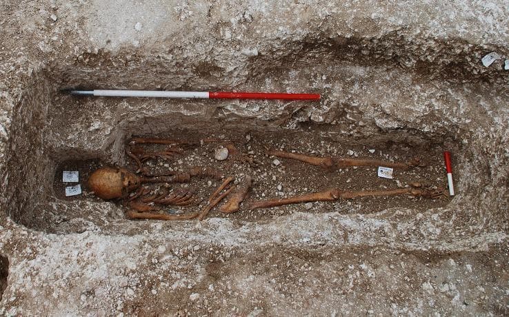 This clinical photograph shows a well-preserved human skeleton (designated Sk27) in situ within a medieval chalk-cut anthropomorphic grave. The remains are positioned in a supine, extended orientation. Visual analysis of the skeletal anatomy reveals the skull, rib cage, and long bones are largely intact but demonstrate post-mortem disarticulation. The left upper limb is positioned straight at the side, while the right upper limb is flexed at the elbow with the hand resting near the pelvic region. Located on the left side of the pelvis is a distinct scallop shell (Pecten maximus), used as a cultural symbol. Educational relevance includes paleopathology and forensic archaeology; though the skeleton appears grossly unremarkable, molecular analysis and subtle distal pedal phalangeal resorption (achro-osteolysis) in this specific individual are associated with early-stage leprosy (Mycobacterium leprae). An archaeological scale bar is visible alongside the burial to provide dimensions. The context demonstrates the intersection of bioarchaeology and historical clinical pathology.