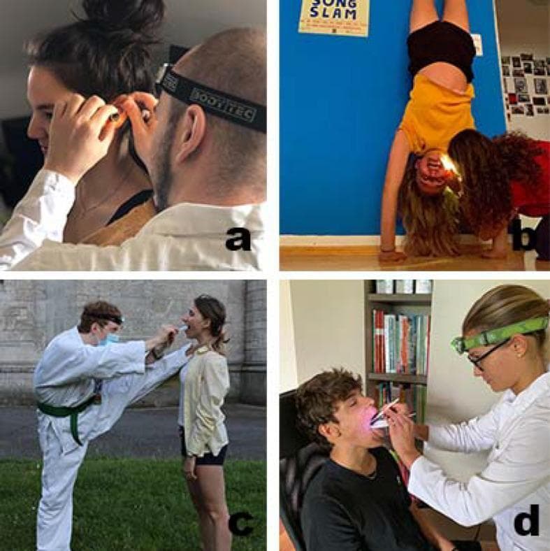 A composite of four clinical photographs (a-d) demonstrating basic Otorhinolaryngology (ENT) examination techniques performed by students. Images (a) and (b) focus on otoscopy, showing the manipulation of the auricle and the use of an ear speculum and head-mounted light source to visualize the external auditory canal and tympanic membrane. Images (c) and (d) depict oral inspections and indirect laryngoscopy, using tongue depressors (spatulas) and laryngeal mirrors to examine the oropharynx. The series highlights the use of portable, disposable instrumentation—including nasal speculums, ear speculums, and mouth spatulas—alongside improvised or standard headlamps for illumination. The variations in settings (from clinical white coats to domestic and outdoor environments) and patient positioning (including a handstand in panel b) illustrate a gamified medical education approach designed for remote practical training. Key educational concepts include proper instrument handling, maintaining a line of sight with a light source, and the anatomical focus of head and neck physical examinations.
