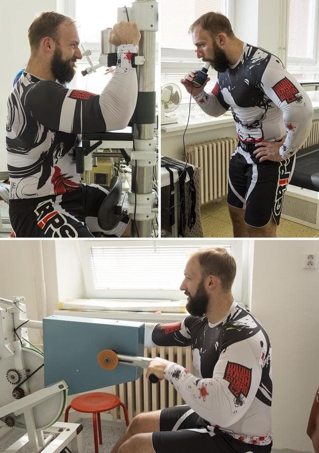 This composite of clinical photographs illustrates three standard methods for assessing physical performance and physiological capacity in a laboratory setting. Top Left: A participant undergoes maximal isometric strength measurement using an arm extension dynamometer. The subject is seated with the upper limb secured to a mechanical lever arm equipped with force transducers to quantify torque and muscular exertion. Top Right: A measurement of pulmonary function (spirometry) is shown. The participant uses a handheld spirometer with a nose clip to ensure isolated oral airflow, measuring lung volumes and capacities such as FVC and FEV1. Bottom: The participant is engaged in an anaerobic capacity assessment via a Wingate anaerobic test. This involves high-intensity cycling on a specialized ergometer to measure peak power, anaerobic fatigue, and total anaerobic work. These tests are essential in sports medicine and exercise physiology for evaluating cardiovascular fitness, neuromuscular strength, and metabolic efficiency.