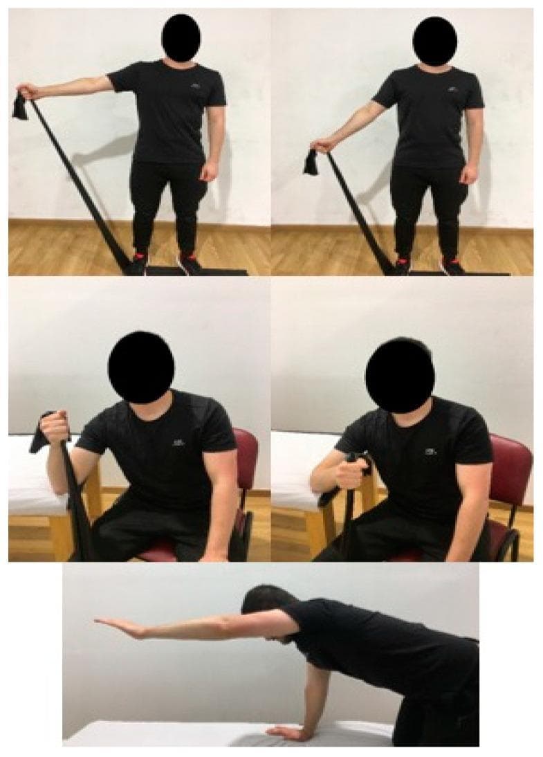 A clinical series of five photographs depicting a physical therapy Eccentric Exercise (EE) protocol for rotator cuff and shoulder rehabilitation. The images demonstrate three distinct exercises targeting specific musculature. The top row shows two frames of a standing patient performing resistance band shoulder abduction, targeting the supraspinatus; the band is anchored under the feet to provide resistance during the concentric abduction and eccentric adduction phases. The middle row consists of two frames showing a seated patient performing shoulder external rotation with a resistance band to target the infraspinatus, emphasizing the eccentric return to internal rotation. The bottom image shows the patient in a quadruped position on a treatment table, performing shoulder flexion to enhance global shoulder stability and serratus anterior activation. This visual guide illustrates clinical protocols for managing tendinopathies such as supraspinatus tendinosis through controlled mechanical loading.