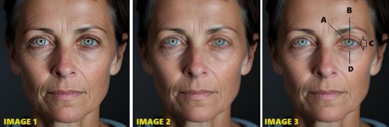 This composite educational illustration consists of three panels demonstrating the clinical manifestations of Horner syndrome through AI-generated and edited portraiture. Image 1 serves as a baseline portrait of an adult female. Image 2 shows the same face with edited features to demonstrate a pathological state. Image 3 provides clinical annotations of the classic triad. The anatomical focus is on the left eye region, where the following signs are labeled: (A) ptosis, visible as a drooping of the superior eyelid; (B) miosis, shown as a constricted pupil relative to the contralateral eye; (C) apparent enophthalmos, indicating a recessed appearance of the globe within the orbit; and (D) 'upside-down ptosis' or inverse ptosis, where the lower eyelid sits higher on the globe. The image set highlights key diagnostic features relevant to neurology and ophthalmology, specifically the sympathetic nerve pathway disruption that characterizes Horner syndrome. These visual cues are essential for medical students and clinicians in identifying autonomic dysfunction during a physical examination.