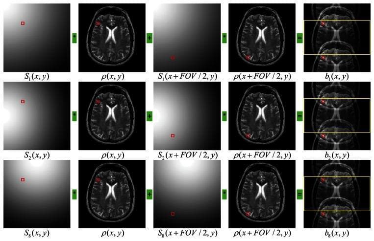 This diagnostic diagram illustrates the SENSE (Sensitivity Encoding) principles used in parallel Magnetic Resonance Imaging (MRI) reconstruction. The image is structured as a grid with three rows, representing data from the 1st, 2nd, and 8th receiver coil channels. Each row demonstrates the mathematical formulation of signal acquisition: the sensitivity map (S) for a specific pixel (x, y) is multiplied by the true brain image (ρ), then added to the sensitivity map and brain image at a location shifted by half the field of view (x + FOV/2, y). The final column shows the resulting aliased brain images (b) for each channel, characterized by overlapping anatomical structures due to k-space undersampling. The axial T2-weighted brain slices serve as the target images for reconstruction. Red square markers indicate corresponding spatial locations across the sensitivity maps and brain slices to show how two distinct spatial points alias into a single pixel in the reduced FOV acquisition. This visualization is intended for medical physics and radiology education to explain how spatial information from multiple receiver coils is used to unfold aliased images in fast MRI scanning.