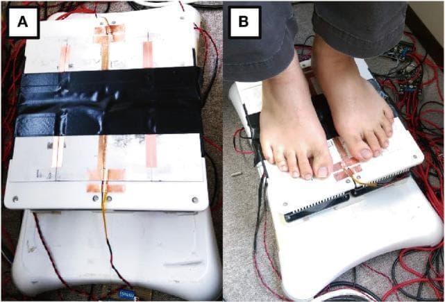 This procedural image illustrates a specialized experimental device designed for neurophysiological research into haptic illusions and postural control. The apparatus (A) is comprised of a multi-segmental thermal module integrated onto a white balance board (stabilometer). The thermal module features eight Peltier elements, heatsinks, and thermistors, capable of delivering localized, dynamic temperature stimuli to specific plantar regions. The device is connected to an external microcontroller and power sources via red and black wiring. In the clinical application (B), a participant stands barefoot on the platform with the toes and heels specifically aligned over separate Peltier elements. This configuration allows researchers to induce a 'thermo-haptic illusion'—where rapid temperature changes elicit perceived pressure or force—to study its effect on the center of gravity (COG) and reflexive body sway. The setup serves as a diagnostic and research tool for investigating the integration of thermal and proprioceptive sensory inputs in human balance and standing posture.