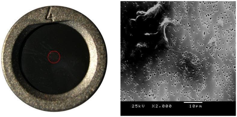 The image consists of two panels showcasing cerebrospinal fluid (CSF) analysis techniques. On the left, a macro photograph displays a 10 mm diameter polycarbonate filter with 0.6 um pores mounted in an airtight device. A red circular annotation in the center highlights the concentrated area of morphological structures obtained via vacuum suction of 200 uL of CSF. On the right, a scanning electron microscopy (SEM) image at 2000x magnification reveals the ultrastructural morphology of a healthy control sample. The SEM view shows a cluster of spherical particles, measuring approximately 0.1–0.2 um in diameter, situated on the porous filter surface. In the upper left quadrant, a phagocytic-type cell is visible, featuring a thin chord-like extension or pseudopod reaching towards the central aggregate of spherical particles. The image illustrates the use of filtration and electron microscopy in clinical research to identify potential biomarkers or atypical morphological structures within the CSF.