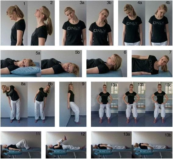 This clinical photograph set comprises 20 numbered panels illustrating a comprehensive home-exercise therapy program focused on cervical and lumbar spine rehabilitation. The images demonstrate stretching and strengthening protocols. Panels 1-4b feature standing cervical range-of-motion exercises, including flexion, extension, and lateral flexion. Panels 5a-7 show supine and side-lying cervical rotations and lateral tilts. Panels 8a-9 illustrate lumbar mobilization and core stability, including standing lateral trunk flexion and a wall-supported isometric squat. Panels 10a-10c show a progression of a standard squat for lower extremity strengthening. Panels 11-13b demonstrate supine exercises: pelvic bridging (11), single knee-to-chest stretch for the iliopsoas and lumbar fascia (12), and prone-positioned thoracic/lumbar extension with rotation (13a, 13b). The material is designed for physiotherapy education, illustrating low-cost, self-managed interventions for musculoskeletal strain, particularly for healthcare workers or individuals with sedentary occupational risks. The visual progression emphasizes correct anatomical alignment and segmental movement of the vertebral column.