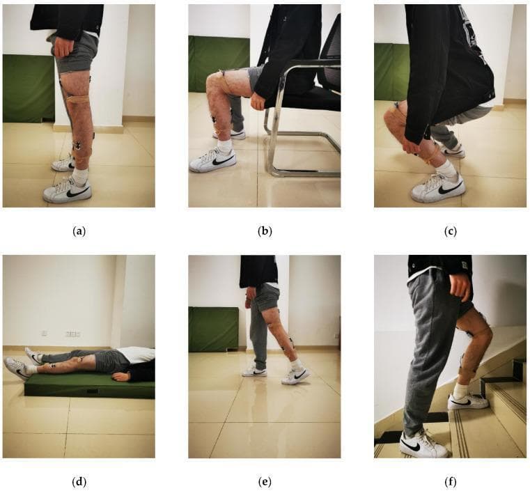 A series of clinical photographs illustrating Activities of Daily Living (ADLs) as part of a kinesiology or physical therapy gait and movement analysis. The composite image shows a human subject performing six distinct postural and ambulatory tasks: (a) standing with neutral joint alignment; (b) sitting with hip and knee flexion; (c) squatting showing maximum flexion of the hips, knees, and ankles; (d) lying supine; (e) walking capturing the gait cycle; and (f) ascending stairs demonstrating unilateral weight-bearing flexion. In each frame, the subject has medical-grade sensors (Inertial Measurement Units and sEMG) attached via adhesive tape and bandages to the lateral thigh and shank to monitor joint kinematics and muscle activity. The visual content serves to demonstrate the range of motion (ROM) and biomechanical transitions between static and dynamic states, essential for human activity recognition (HAR) studies, rehabilitation monitoring, and orthopedic assessment. The focus is on the sagittal plane biomechanics of the lower extremities including hip, knee, and ankle joint angles.
