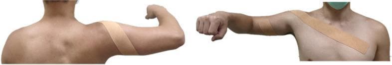 Clinical photograph illustrating a specific internal rotation support taping technique for the glenohumeral joint. The image consists of two views: a posterior view (left) and an anterior view (right). In the posterior view, the participant's arm is abducted to 90 degrees with the elbow flexed; beige elastic tape originates on the lateral aspect of the upper arm, proximal to the elbow, and travels superiorly and medially at an approximate 45-degree angle across the posterior deltoid. In the anterior view, the participant is in maximal internal rotation; the tape continues its spiral trajectory from the posterior shoulder, crossing over the acromioclavicular region and extending medially across the superior-medial chest (pectoralis major region). The technique is designed to provide mechanical support and facilitate internal rotation while restricting excessive external rotation. This is typically used in sports medicine and physical therapy for managing shoulder instability or overhead throwing mechanics.
