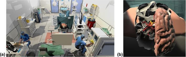 This composite image illustrates a neurosurgical virtual reality (VR) simulation environment. Panel (a) presents an Overview of a Virtual Operating Room, featuring 3D models of surgical staff, anesthesia equipment, and a patient positioned for a procedure. Panel (b) provides a detailed Anatomical Diagram within the simulator, showing a rendered model of the skull base and brain. Key structures include a segmented right cerebral hemisphere with visible gyri and sulci, the Circle of Willis (CoW) highlighted in red to demonstrate cerebrovascular landmarks, and the optic nerve protruding from the optic canal highlighted in yellow. The model is designed for educational training in neurosurgical approaches, such as craniotomy and Sylvian fissure dissection. The visualization emphasizes the spatial relationships between the sphenoid bone, cranial nerves, and major intracranial vessels, providing a high-fidelity environment for pre-operative planning and anatomical study.