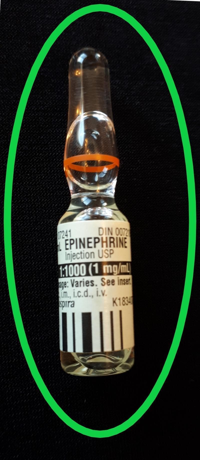 A clinical photograph of a single-use glass medication ampoule containing a clear solution of Epinephrine. The ampoule features a cylindrical body, a tapered neck with an orange identification ring indicating a break point, and a rounded, sealed top. The white adhesive label prominently identifies the contents as 'EPINEPHRINE Injection USP' with a concentration of '1:1000 (1 mg/mL)'. Regulatory and administrative information is visible, including 'DIN 0072' and 'Dosage: Varies. See insert', alongside abbreviations for administration routes: 'i.m., i.c.d., i.v.' (intramuscular, intracardiac, and intravenous). This specific formulation and volume (1 mg in 1 mL) is used as a critical teaching example for anaphylaxis management to differentiate it from larger-volume cardiac arrest syringes (1 mg in 10 mL), highlighting the importance of medication safety and concentration awareness in emergency medicine and pharmacology education.