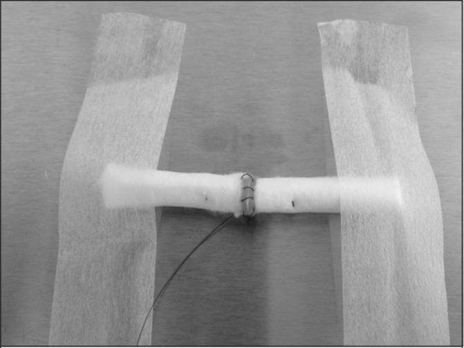 This clinical photograph demonstrates a surgical simulation model used for practicing tendon repair techniques. The model utilizes white, fibrous dental rolls as an inexpensive substitute for human tendons due to their comparable size, shape, and tactile feedback when suturing. Two vertical tape strips secure a horizontal dental roll to a flat surface, simulating a cut tendon end under tension. The image specifically illustrates the placement of core and epitendon sutures. A dark, thin suture thread is visible, forming a circumferential ring around the cylinder to demonstrate an epitendon suture placed approximately 2mm from the edge. Additionally, markings or needle entry points indicate the placement of a core suture at a 10mm distance. This educational setup is designed for surgical skills training in orthopedics or plastic surgery to master complex suturing patterns, such as the Kessler or modified Bunnell techniques, without the need for animal tissue.