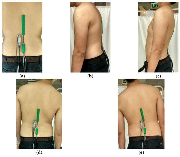 This set of clinical photographs demonstrates the application of wearable sensors for kinematic assessment of the lumbar spine. Image (a) shows the posterior view of a participant in a neutral standing position with two sensors vertically aligned on the lower back: a green twin-axis Biometrics electrogoniometer spanning L1–L5 and a shorter Plastic Optical Fiber (POF) sensor positioned at the L3–L4 level. Images (b) through (e) illustrate the participant performing fundamental spinal movements for range of motion (ROM) validation: (b) lumbar flexion (forward bending), (c) lumbar extension (backward bending), (d) right lateral flexion, and (e) left lateral flexion. The sensors are firmly adhered to the skin, conforming to the spinal curvature during movement to capture changes in sagittal and frontal plane angles. This setup is typical in physical therapy research and biomechanics for evaluating spinal mobility, postural control, and the accuracy of novel wearable diagnostic technologies against established goniometric standards.