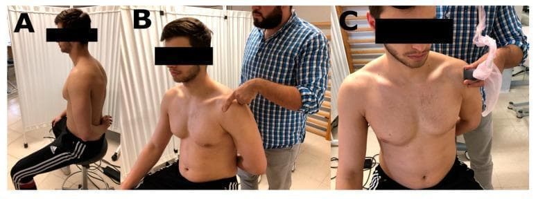 A three-panel clinical photograph series (A, B, C) demonstrating the clinical positioning and physical examination of the supraspinatus muscle tendon (SMT). Panel A shows a male subject seated on a backless stool in the 'Crass position,' with the arm in maximal medial rotation, adduction, and slight hyperextension, placing the forearm behind the lower back. This maneuver exposes the supraspinatus tendon from beneath the acromion for easier accessibility. Panel B illustrates manual surface anatomy palpation, where an examiner uses an index finger to locate the SMT using the acromion and greater humeral tuberosity as bony landmarks. Panel C demonstrates diagnostic corroboration using musculoskeletal ultrasound; an examiner applies a linear ultrasound transducer over the same anatomical region to measure tendon depth and confirm clinical findings. The series illustrates a standardized protocol for identifying the SMT, emphasizing the importance of specific patient positioning in orthopedic physical examination and musculoskeletal imaging.