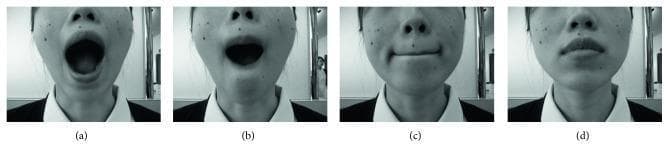This sequence of four clinical photographs (a-d) demonstrates a specific therapeutic exercise for the relaxation of the masticatory system, commonly used in the management of temporomandibular disorders (TMD) and orofacial pain. The series illustrates a progressive movement protocol: (a) maximally wide mouth opening (abduction of the mandible) during inhalation; (b) partial closure with the lips rolled inward over the teeth; (c) complete mouth closure with the lips maintaining an inward-rolled position; and (d) a final neutral resting state where the jaw, masticatory muscles, and tongue are relaxed, ensuring there is no occlusal contact (teeth not clenching). The images serve as an educational guide for patients to perform neuromuscular re-education of the jaw, focusing on controlled movement and muscle de-tensioning. This procedural clinical imaging highlights the anatomical positioning of the perioral region and the functional range of motion of the mandible during rehabilitative therapy.