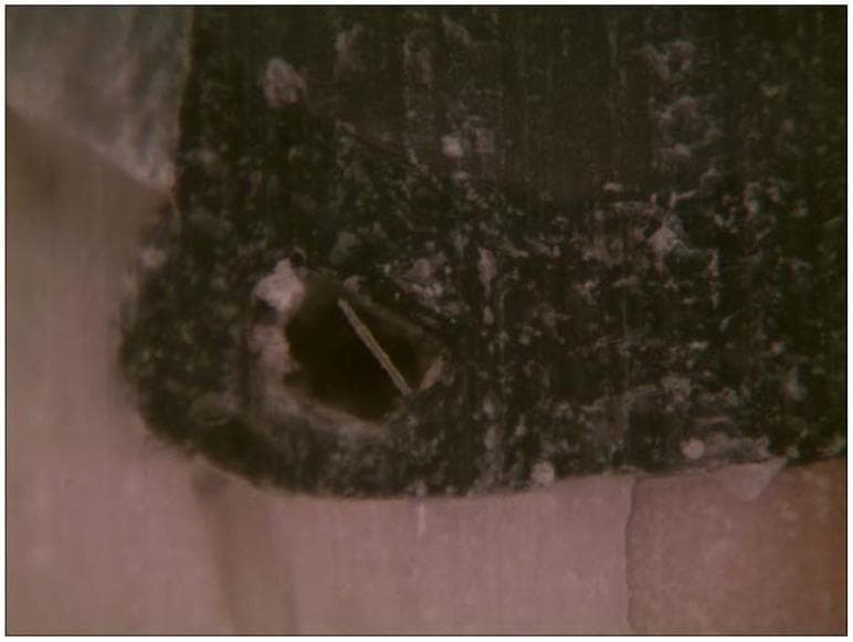 This clinical photograph displays a high-magnification view of a specimen of Short Fiber-Reinforced Composite (SFRC), a material used in restorative dentistry. The image illustrates a significant structural defect: an internal air bubble (void) within the cured composite resin matrix. The material has a dark, mottled, and grainy texture with lighter particulate inclusions. A prominent, dark, circular void is visible, representing an air entrapment that occurred during the placement or polymerization process. Notably, a single reinforcing fiber is seen spanning the diameter of this void, highlighting the material's composition. This visual demonstrates common challenges in restorative procedures using fiber-reinforced bulk-fill materials, where air entrapment can lead to mechanical weaknesses or failure of the restoration. The educational focus is on material science, specifically regarding the handling properties and potential for porosity in direct dental restorations.