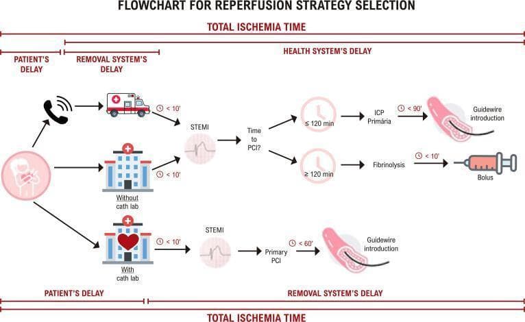 This medical flowchart illustrates the reperfusion strategy selection and timeframes for patients with ST-elevation myocardial infarction (STEMI), based on 2018 ESC/EACTS Guidelines. The algorithm maps the 'Total Ischemia Time' from symptom onset, divided into 'Patient\'s Delay' and 'Health System\'s Delay'. Following a STEMI diagnosis (visualized by ST-segment elevation on ECG), the pathway bifurcates based on hospital capabilities. For hospitals with a catheterization lab (cath lab), the goal for Primary Percutaneous Coronary Intervention (PCI) is <60 minutes to guidewire introduction. For patients at hospitals without a cath lab or via emergency medical services, the decision depends on 'Time to PCI'. If the estimated PCI delay is ≤120 minutes, Primary PCI is preferred with a goal of <90 minutes. If the estimated delay is >120 minutes, immediate fibrinolysis (bolus) is indicated within 10 minutes. The diagram emphasizes minimizing 'Removal System\'s Delay' to ensure optimal myocardial revascularization and clinical outcomes.