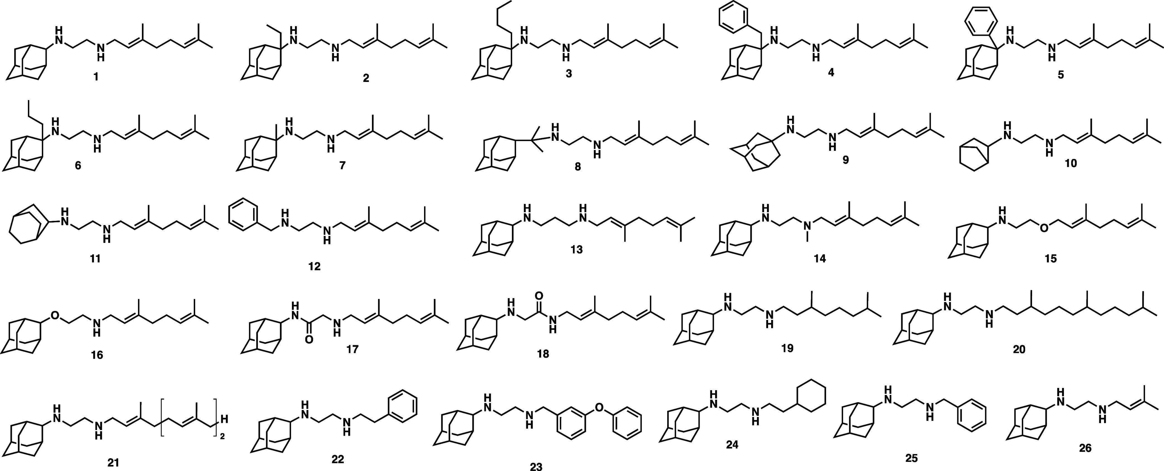 This scientific illustration displays a series of 26 chemical structures categorized for medicinal chemistry research into antimalarial agents. The structures represent analogs of SQ109/1, an antitubercular clinical candidate with activity against Plasmodium falciparum. The diagram is divided into three Structure-Activity Relationship (SAR) study groups. SAR-1 (Compounds 1-12) explores modifications at the 2-adamantyl head group and its linker, including alkyl (ethyl, propyl) and aromatic (benzyl, phenyl) substitutions, as well as bioisosteric replacements with cyclohexyl and bicyclic moieties. SAR-2 (Compounds 13-18) details modifications to the ethylenediamine linker, such as chain extension, N-methylation, oxygen substitution, and the introduction of amide linkages. SAR-3 (Compounds 19-26) focuses on the hydrophobic geranyl tail, illustrating variations like tail saturation, chain extension, and replacement with cyclohexyl or various phenyl-based aromatic groups. These molecular diagrams are essential for understanding the chemical space optimized for targeting multiple stages of the malaria parasite life cycle, particularly late-stage gametocytes.