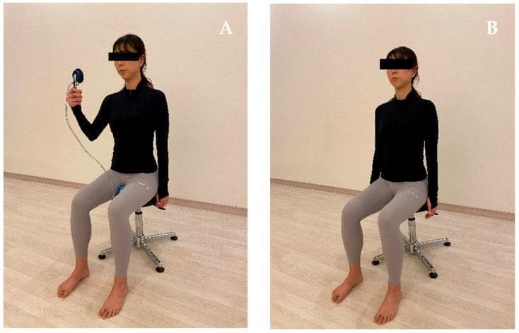 Clinical photograph consisting of two panels (A and B) demonstrating different feedback methods for pelvic floor muscle contraction (PFMC) in a rehabilitative or physical therapy setting. In both panels, a female subject is shown seated in a lumbo-pelvic upright position on a height-adjustable stool, characterized by anterior pelvic rotation, maintained lumbar lordosis, and a relaxed thorax. Panel (A) illustrates pressure biofeedback training: the subject holds a digital pressure gauge connected by tubing to a sensor placed at the perineal region, allowing for visual feedback of muscle contraction intensity. Panel (B) illustrates verbal feedback training, where the subject maintains the same standardized posture without external instrumentation, relying solely on clinician instructions. This comparison highlights the visual and equipment-based differences between instrumental biofeedback and traditional verbal cues in pelvic floor rehabilitation. The content is relevant for musculoskeletal and urogynecological physical therapy training, focusing on body mechanics and neuromuscular retraining techniques.