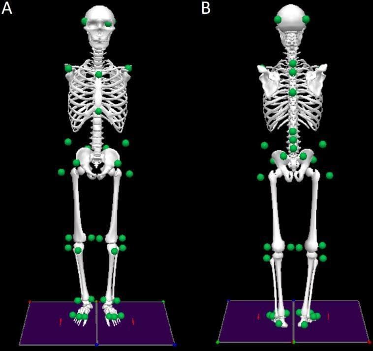 This medical illustration presents a 3D biomechanical model of the human skeleton, demonstrating a standardized 42-marker set for motion capture and gait analysis. The image is split into an anterior (front) view, labeled 'A', and a posterior (rear) view, labeled 'B'. In both views, the green dots represent reflective markers strategically placed on anatomical landmarks to track body segment kinematics. Key marker placements include the skull (temple and occipital regions), acromion processes of the shoulders, sternum, and several points along the spinal column in the posterior view. In the lower body, markers are positioned on the iliac crests, anterior and posterior superior iliac spines (ASIS and PSIS), lateral epicondyles of the femur (knees), and various points on the shins and feet (calcaneus and metatarsals). The skeleton is positioned on dual force platforms, indicated by the purple rectangular base, used for measuring center of pressure (COP) and balance. This model serves as an educational tool for understanding musculoskeletal alignment, kinesiology, and the digital representation of human movement in clinical and rehabilitative research.