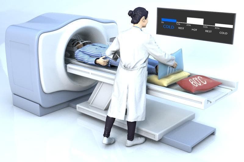 This illustration presents a schematic of a task-based functional Magnetic Resonance Imaging (fMRI) experimental setup designed for thermoregulation research. A human subject is positioned supine on the scanner bed with the head secured within a 64-channel head coil. A researcher in a white lab coat is shown administering thermal stimuli to the subject's lower limbs. The experimental protocol is detailed via an inset digital display showing a block design timeline: a 12-second 'COLD' block (0°C ice-water mixture), an 8-second 'REST' period, and a 'HOT' block (60°C warm compress), followed by further cycles. These stimuli are represented physically by labeled thermal bags (blue for cold, red marked '60°C' for hot) placed on the scanner platform. The design aims to stimulate cutaneous thermoreceptors to observe blood oxygen level-dependent (BOLD) signal changes in the preoptic and anterior hypothalamic (POAH) regions. This setup is clinically relevant for mapping functional hypothalamic areas in patients with brain tumors, such as craniopharyngiomas, to assist in surgical planning and preserving thermoregulatory function.