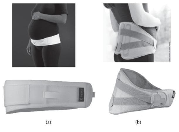 Comparison of two medical-grade maternity supports used for pregnancy-related pelvic and back pain. Panel (a) illustrates the Ortel-P pelvic maternity belt, a narrow, non-rigid, and adjustable orthopedic device. It is shown applied low on the torso, positioned at the symphysis pubis to provide targeted compression and stabilization to the pelvic girdle. Panel (b) depicts the LombaMum maternity lumbar brace, a wider, semi-rigid orthopedic garment. This brace features posterior metal reinforcements and a system of crisscrossed tension straps to provide broader structural support to the lumbar spine and sacroiliac joints. While the narrow pelvic belt (a) prioritizes mobility and pelvic stability, the lumbar brace (b) is designed for more significant postural support and alleviation of lower back pain. These devices are clinical interventions for managing pelvic girdle pain (PGP) and lower back pain (LBP) during pregnancy by distributing abdominal weight and stabilizing musculoskeletal structures.