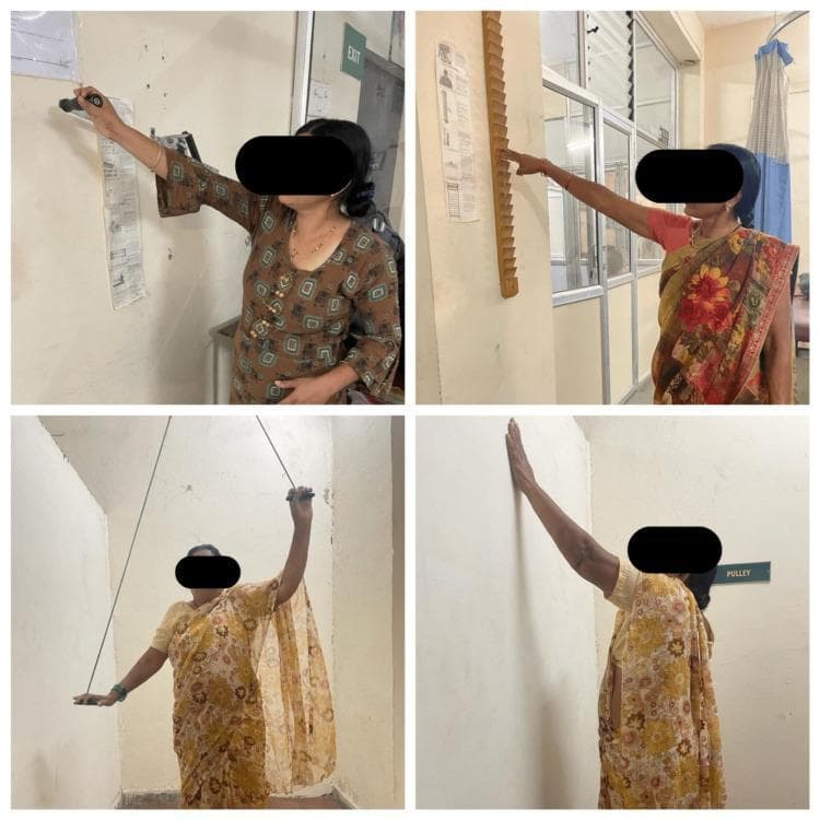 A composite of four clinical photographs demonstrating conventional physical therapy exercises for shoulder rehabilitation and range of motion (ROM) improvement. Top left: A patient performs 'wall washing' exercises, moving their hand in functional patterns against a wall surface to facilitate shoulder flexion and abduction. Top right: A patient uses a 'finger ladder' mounted on a wall, utilizing finger movements to incrementally increase shoulder elevation and abduction. Bottom left: A patient engages in shoulder pulley exercises using a suspended rope and handle system to perform assisted ROM activities, where the healthy arm helps lift the affected limb. Bottom right: A patient demonstrates a wall-climbing or stretching exercise to maximize vertical reach. These interventions are typically used in the management of adhesive capsulitis (frozen shoulder) or post-operative recovery to improve shoulder mobility, specifically targeting flexion, abduction, and rotation. The images represent standard physiotherapy protocols often compared with modern interventions like virtual reality-based therapy.