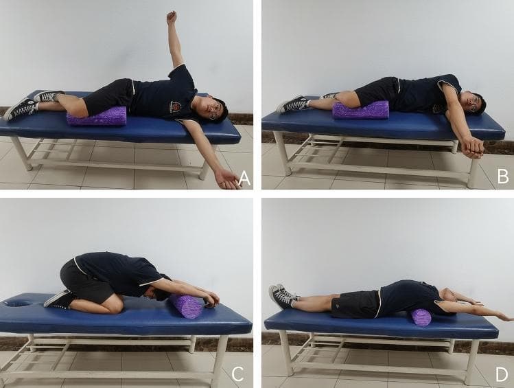 A series of four clinical photographs (labeled A–D) demonstrating cervicothoracic self-mobilization exercises using a foam roller on a treatment table. (A, B) Thoracic rotation range of motion (ROM) training: The subject is in a side-lying position with the top knee flexed over a purple foam roller to stabilize the lumbar spine. Movement involves alternating arm extension to facilitate thoracic spinal rotation. (C) Thoracic flexion ROM training: Often referred to as a 'prayer stretch,' the subject is kneeling with the buttocks on the heels, trunk flexed forward, and arms extended over the foam roller to sink the chest toward the ground. (D) Thoracic extension ROM training: The subject is supine with the foam roller placed horizontally under the upper thoracic spine (scapular level). The arms are extended overhead with the head tilted toward the ground to improve thoracic extension. These exercises are designed for physiotherapy interventions targeting thoracic mobility, flexibility, and musculoskeletal rehabilitation in the cervicothoracic region.