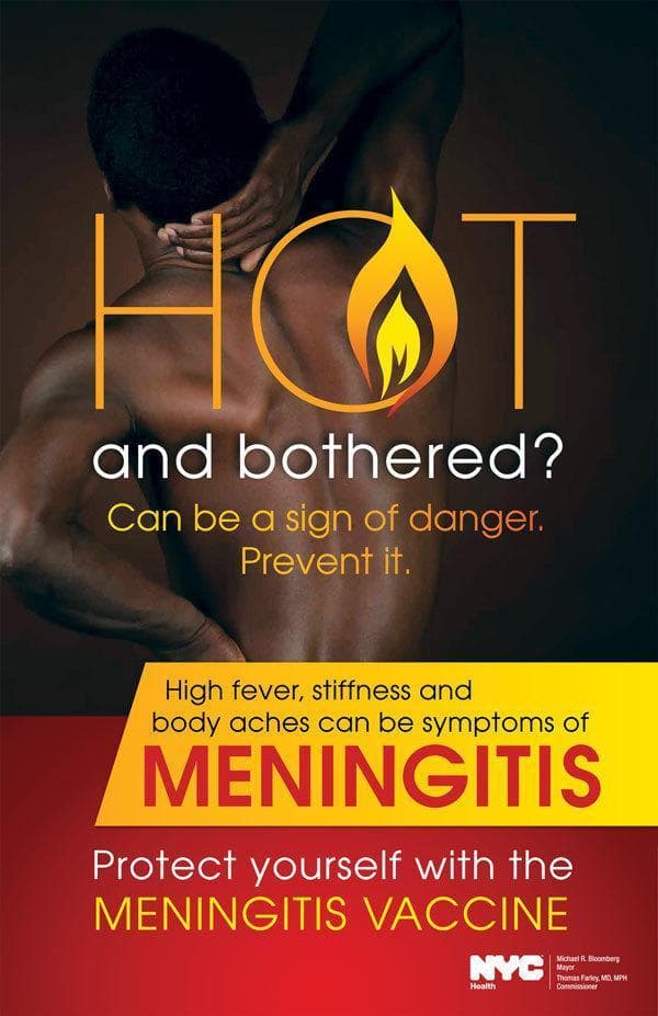 This educational infographic serves as a public health outreach poster for a meningitis vaccination campaign. The visual content features a clinical photograph of an African American individual shown from the back, holding their neck in a gesture indicative of nuchal rigidity (neck stiffness) and physical distress. The poster uses a high-contrast color scheme of dark gradients, yellow, and red to highlight clinical symptoms and preventative measures. Key educational text identifies 'high fever, stiffness, and body aches' as hallmark symptoms of meningitis, a serious bacterial or viral inflammation of the protective membranes covering the brain and spinal cord. The poster promotes the meningitis vaccine as a primary prevention strategy. It is categorized as a public health communication tool for infectious disease control, specifically targeting serogroup C meningococcal disease awareness. The educational focus is on symptom recognition and the importance of immunization in high-risk populations.