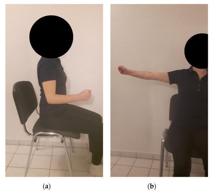 Two-panel clinical photograph demonstrating standardized testing positions for upper limb clinical assessment, likely related to grip strength or kinesiologic evaluation. (a) Side profile showing the patient in a seated position with the right upper arm adducted (neutral beside the trunk) and the elbow flexed at 90 degrees; the hand is clenched in a neutral grip. (b) Frontal view showing the patient in a seated position with the right arm abducted 90 degrees at the shoulder and externally rotated 90 degrees, positioning the forearm perpendicular to the torso. These images illustrate the 'lower' and 'upper' grip testing positions used in physical therapy and occupational medicine to assess musculoskeletal function, range of motion, and grip endurance under different mechanical loads on the shoulder and elbow complexes.