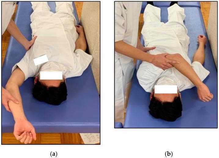 Clinical procedural photograph demonstrating physical examination techniques for assessing posterior shoulder tightness. The image is divided into two panels (a and b), showing a patient in the supine position on an examination table. In panel (a), the Combined Abduction Test (CAT) is shown: the examiner uses one hand to stabilize the lateral border of the scapula while the other hand passively abducts the patient's arm toward the head to check for restricted range of motion. In panel (b), the Horizontal Flexion Test (HFT) is depicted: the examiner maintains scapular stabilization while passively adducting the patient's arm across the torso toward the contralateral shoulder. These maneuvers are typically used in sports medicine and orthopedics to identify posterior capsule or muscle tightness, which are clinical indicators often associated with shoulder impingement or throwing-related overhead injuries. The examiner's hand placement is critical in both tests to prevent compensatory scapular motion, ensuring the assessment reflects true glenohumeral joint flexibility.