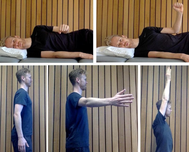 A composite clinical photograph illustrating therapeutic rehabilitation exercises for the shoulder joint. The top two panels demonstrate side-lying external rotation: the starting position shows the patient on their side with the upper elbow flexed to 90 degrees and the forearm resting across the abdomen; the ending position shows the forearm rotated upward away from the body, maintaining elbow flexion. The bottom three panels demonstrate shoulder elevation from a standing position: the sequence progresses from a neutral anatomical position (arm at side), through approximately 90 degrees of forward flexion, to full overhead elevation (approximately 150-180 degrees). These exercises are typically used in physical therapy protocols for rotator cuff strengthening, range of motion recovery, and scapular stabilization. The visual emphasizes proper form, range of motion, and body mechanics for orthopedic rehabilitation and telerehabilitation monitoring.