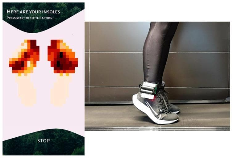 This composite image illustrates a wearable gait analysis system for monitoring plantar pressure distribution during physical activity. On the right, a clinical photograph shows a subject on a treadmill wearing athletic shoes equipped with a prototype hardware module attached at the ankle. The hardware consists of a microcontroller development board and a battery pack connected to a 0.4 mm electronic insole embedded with 16 pressure sensors. On the left, a screenshot of the integrated mobile application displays a real-time heat map of the pressure distribution for both feet. The visualization uses a pixelated 10x22 grid where color gradients (from pale yellow to deep red) represent increasing pressure levels, specifically highlighting high-load areas in the forefoot and midfoot regions during a gait cycle. This system is designed for gait correction, posture control in runners, and physiotherapeutic monitoring of lower limb biomechanics.