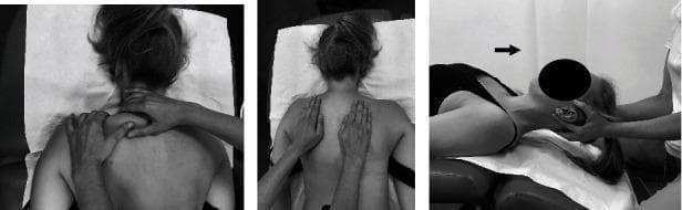 A composite of three clinical photographs demonstrating manual physical therapy techniques for managing idiopathic neck pain. Panels (a) and (b) provide a superior view of a patient in a prone position receiving classical massage. In panel (a), the therapist performs targeted manipulation of the trapezius muscle and cervical paraspinal soft tissues. Panel (b) shows longitudinal effleurage or gliding strokes applied symmetrically across the upper back and shoulder girdle. Panel (c) is a lateral view showing manual cervical traction. The patient is in a supine position with the head cradled by the therapist's hands, specifically supporting the occipital region. A black arrow indicates the horizontal vector of the traction force applied along the longitudinal axis of the cervical spine. These procedural images illustrate conservative interventions aimed at reducing muscle stiffness, increasing range of motion, and alleviating chronic neck pain in a clinical rehabilitation setting.