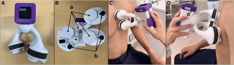 This composite clinical image displays the BMP-LD3, a specialized handheld medical device designed for simultaneous multi-point heart sound (HS) recording and ECG monitoring. Panel A shows the front view, featuring a central housing unit with a digital display screen and three 'tri-antler' chest pieces. Panel B illustrates the posterior surface, identifying three internal microphones (a) located within the antlers for auscultation and three electric terminals (b) for recording electrocardiographic signals. A fourth microphone (a') is integrated into the housing for ambient noise cancellation. Panels C and D demonstrate clinical application on a patient's anterior chest wall. The device is positioned such that two chest pieces are aligned along the left sternal border at approximately the second intercostal space (heart base) and the fourth intercostal space, while the third chest piece is placed over the cardiac apex. This specialized configuration allows for the integrated capture of phonocardiographic and ECG data across key precordial landmarks to facilitate advanced cardiac analysis, such as identifying S1-S4 heart sounds and detecting heart failure indicators.