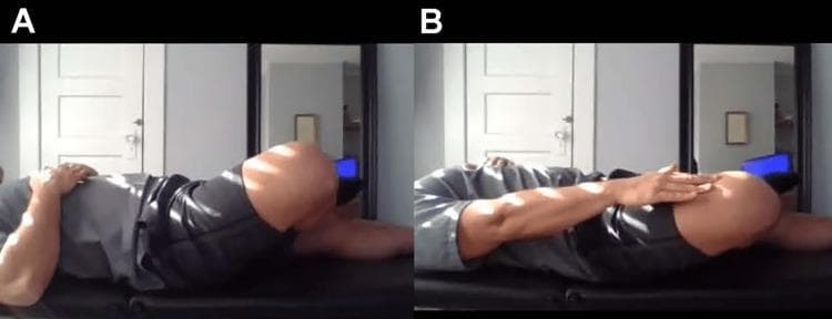 This clinical photograph demonstrates the FABER (Flexion, Abduction, and External Rotation) test, also known as Patrick's test, used to evaluate hip and sacroiliac joint pathology. Part A shows a patient in the supine position on an examination table with the right leg placed in a 'figure-four' configuration: the hip is flexed, abducted, and externally rotated so that the lateral malleolus rests on the contralateral knee. Part B illustrates the progression of the maneuver, where the patient applies downward pressure onto the medial aspect of the flexed knee. This movement increases the degree of abduction and external rotation. Clinically, pain elicited during the initial positioning (A) may indicate intra-articular hip joint pathology, such as osteoarthritis or labral tears. Pain elicited during the application of overpressure (B) is more suggestive of sacroiliac joint dysfunction or posterior hip involvement. The image serves as a guide for physical examination techniques in orthopedics and primary care.