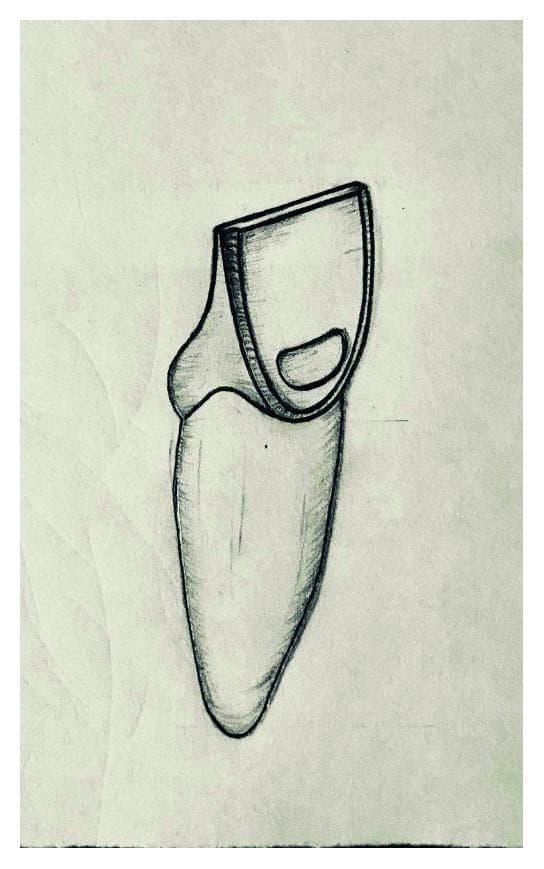 This medical illustration is an anatomical diagram depicting a dental specimen with a Class V cavity preparation, intended for educational use in operative dentistry. The sketch shows a single-rooted tooth, likely a maxillary incisor, from a proximal view. The drawing illustrates a standardized preparation for a composite resin restoration. The cavity is located on the facial surface of the crown, positioned approximately one-third to two-thirds of the crown height. Key anatomical landmarks shown include the clinical crown, the cementoenamel junction (CEJ), and the root. The preparation is characterized by a box-like morphology with rounded internal line angles and distinct, clean margins. A specific clinical detail illustrated is the clearance between the cavity's gingival margin and the CEJ, as well as its relationship to the proximal finish lines. This diagram serves as a schematic for Porcelain Laminate Veneer (PLV) research and dental student training in cavity design and restorative protocols.