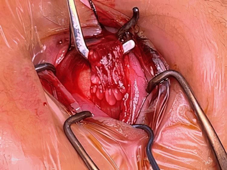 This intraoperative clinical photograph captures a surgical procedure on the extraocular muscles, specifically focusing on the lateral rectus muscle. The operative field is retracted using metal speculums and forceps, revealing a vascularized, erythematous surgical site. The primary finding is the presence of numerous small, whitish, spherical to ovoid cystic lesions embedded within and attached to the substance of the lateral rectus muscle. These cysts appear translucent and are distributed densely along the muscle fibers. The surrounding orbital tissues show evidence of surgical manipulation and mild hemorrhage. The visual demonstrates a rare complication where foreign material (such as silicone oil) or fat necrosis presents as multinodular cystic masses within the extraocular muscle tissue. This image is relevant for ophthalmology and strabismus surgery education, illustrating atypical anatomical findings during rectus muscle recession or resection.